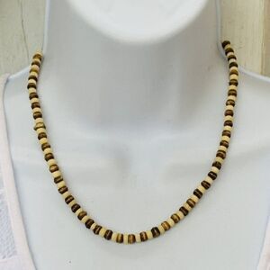 Vintage Brown Tan Wooden Boho Chic Beaded Chain Necklace 18in